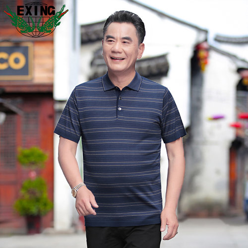 EXING中老年男士时尚休闲针织条纹POLO衫R317