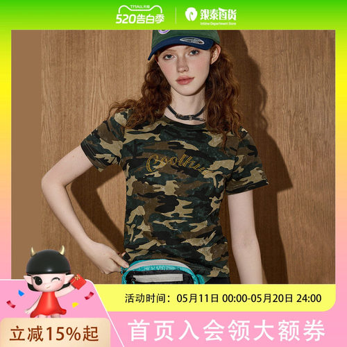 coolhut美式复古迷彩修身辣妹纯棉2025夏季女式T恤休闲显瘦短袖
