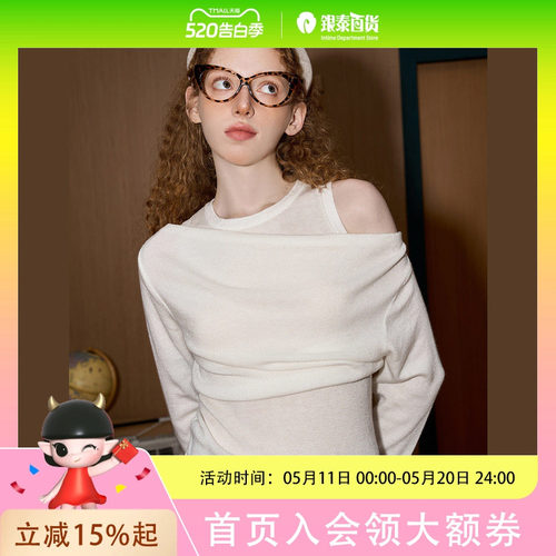 COOLHUT一字肩露肩修身内搭假两件2025春季女式针织衫长袖设计感