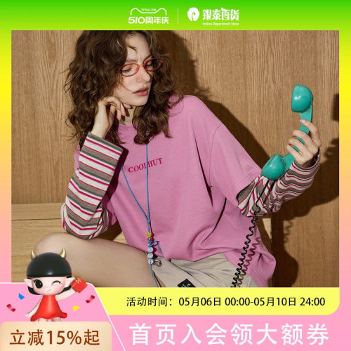 coolhut2025秋季假两件女式时尚宽松袖T恤简约潮流