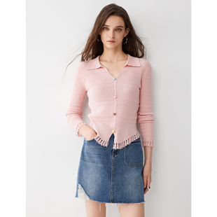 House 小清新流苏翻领开衫 百家好长袖 女2024秋季 针织衫 Basic