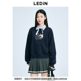 乐町小图猫咪宽松卫衣冬藏青短款 上衣C1CRE4F02