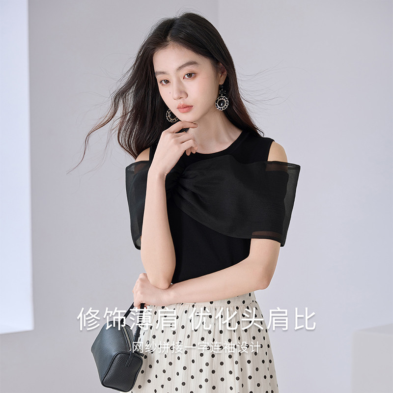 香影法式黑色露肩上衣女2025夏季新款设计感小众修身拼接针织小衫