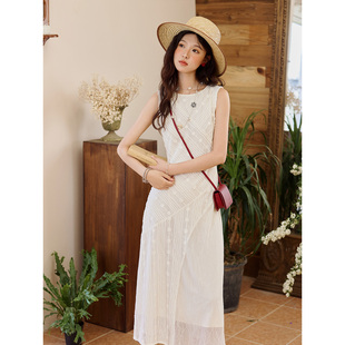 谜秀米杏重工蕾丝鱼尾连衣裙无袖 长裙MXE35L2301 显瘦气质修身