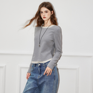 新款 Basic T恤女2025秋季 百家好撞色条纹长袖 假两件薄卫衣 House