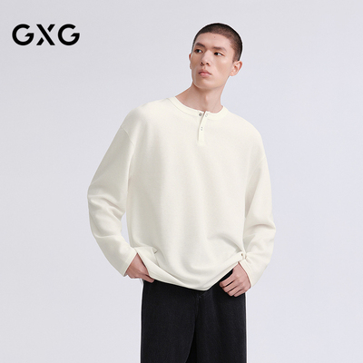 GXG男装 商场同款华夫格半开襟长袖T恤 2026春季新品G26X341001