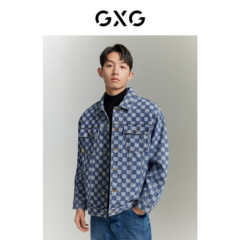 GXG男装  时尚经典棋盘格男式牛仔夹克外套上衣 GED1E821953