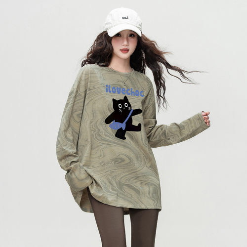 ilovechoc慵懒风复古水波纹印花T恤2025秋季学院风中长款上衣