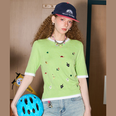 coolhut拼色精致刺绣印花2025夏季女式针织衫清新趣味短袖