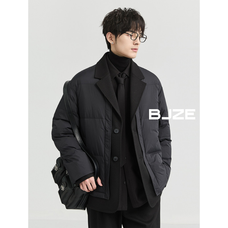 BJZE男装冬季高级设计感假两件西装领羽绒服短款鸭绒保暖外套