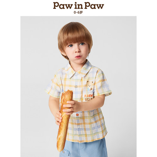 PawinPaw卡通小熊童装25年春夏男宝翻领格纹衬衫