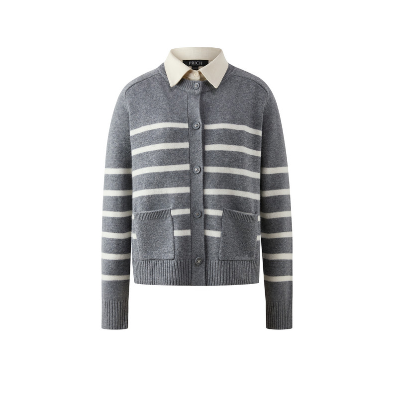 【100%绵羊毛】PRICH简约可拆卸领条纹针织开衫2025秋新款毛衣女PRKCF4907M