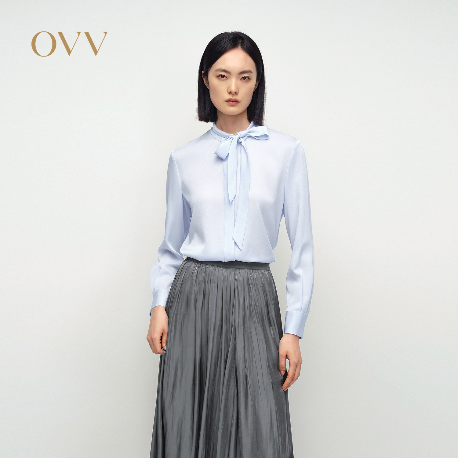 OVV2025春夏女装不对称飘带领设计醋酸长袖休闲衬衫
