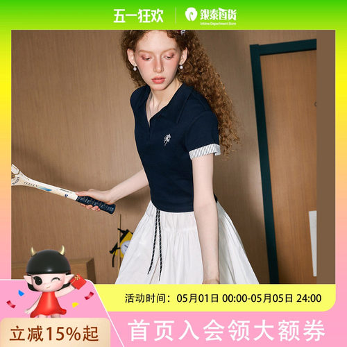 coolhut甜美拼接学院风短袖高腰短款少女条纹2025夏季女式T恤刺绣