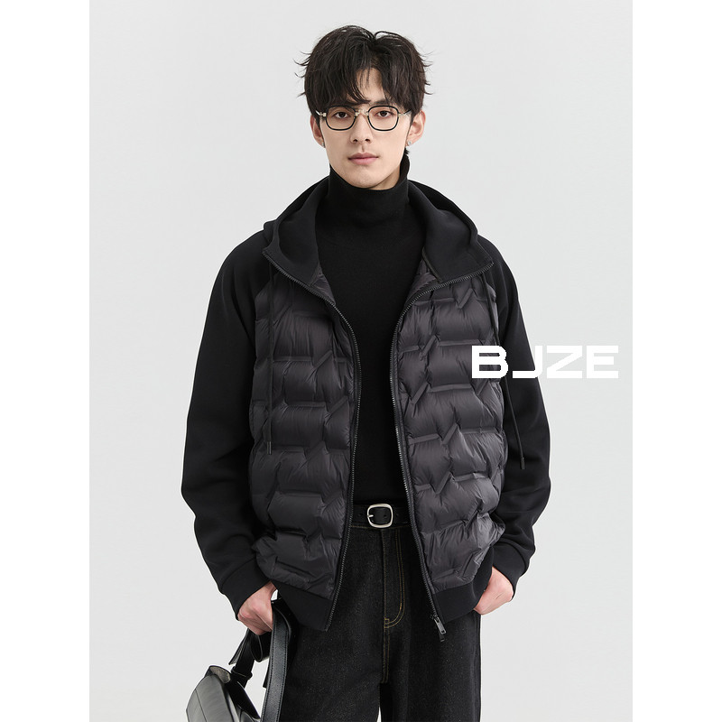 BJZE男装秋冬季设计感连帽卫衣拼接羽绒服男短款韩版休闲轻薄外套