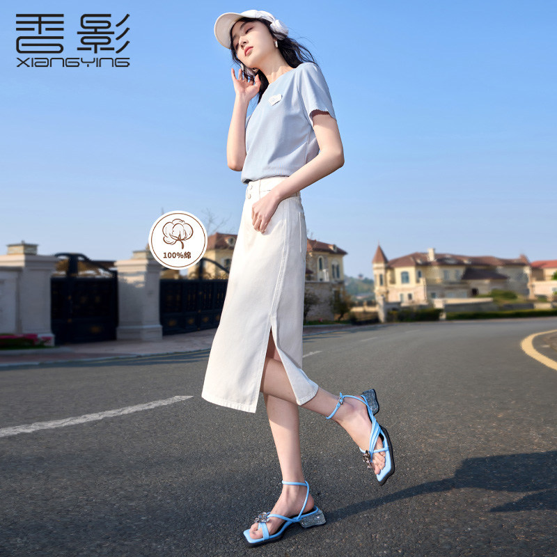 香影白色a字牛仔半身裙女高腰2025夏装新款丹宁风侧开叉纯棉裙子