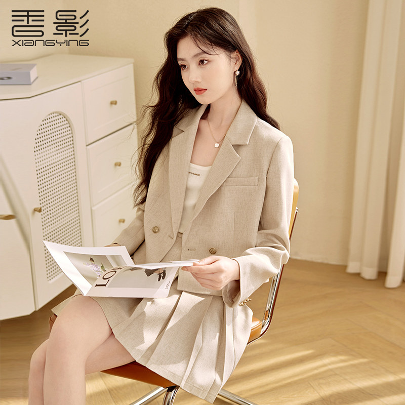 香影气质老钱风休闲西装套装裙女2025秋季新款小西服百褶裙两件套