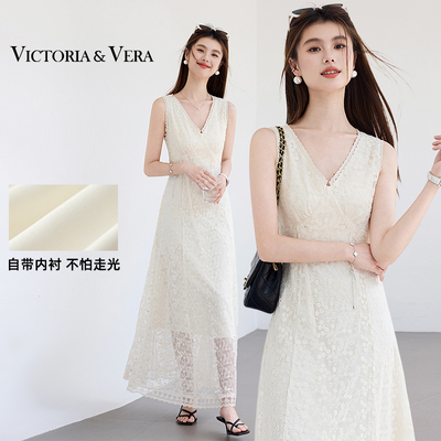 VICTORIA&VERA夏季“雾月纱”重工蕾丝连衣裙V领收腰无袖显瘦刺绣约会度假风长裙