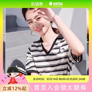 香影航海系条纹polo衫薄款短袖t恤女夏2025新款美式复古正肩上衣