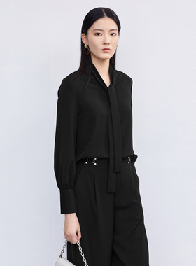 【呼呼专享】sdeer圣迪奥女系带翻领雪纺基本款长袖衬衫S223Z0564