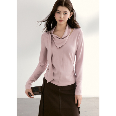 谜秀飘带荡领针织上衣女粉色撞色珠子设计春季温柔风MXF108Z1025