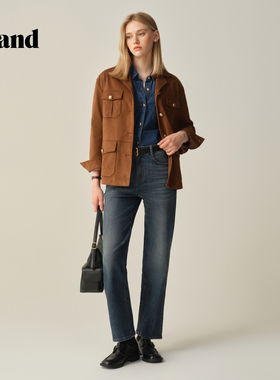 Eland衣恋牛仔裤女复古直筒裤九分裤通勤长裤子2025秋季EETJF49M05
