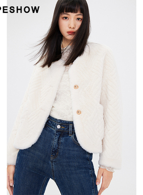 红袖商场同款HOPESHOW白色香风外套冬季女肌理感圆领毛绒短外套89123450408