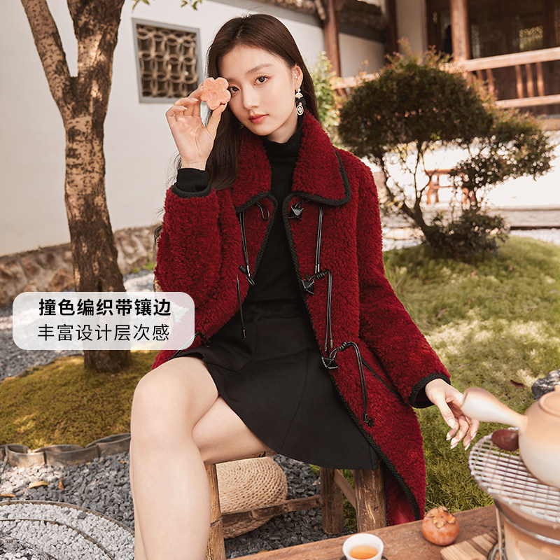 香影新中式国风外套女2025年冬季新款颗粒绒风毛绒红色大衣