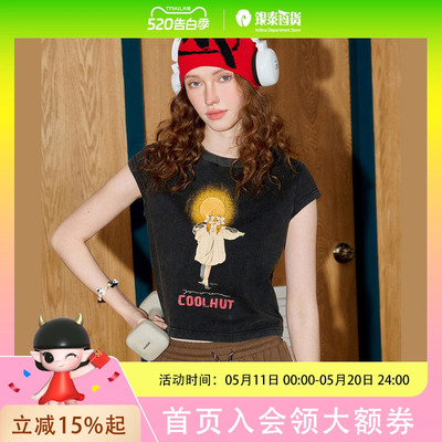 coolhut美式印花复古做旧圆领天使宝宝短袖2025夏季女T恤短款正肩