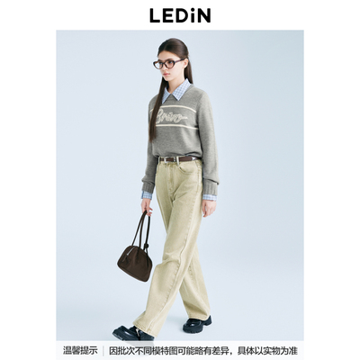 乐町2025松紧腰绣花窄版牛仔阔腿裤C2HAF1131