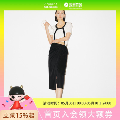 MM麦檬黑色设计感褶皱半身裙女5E5141091