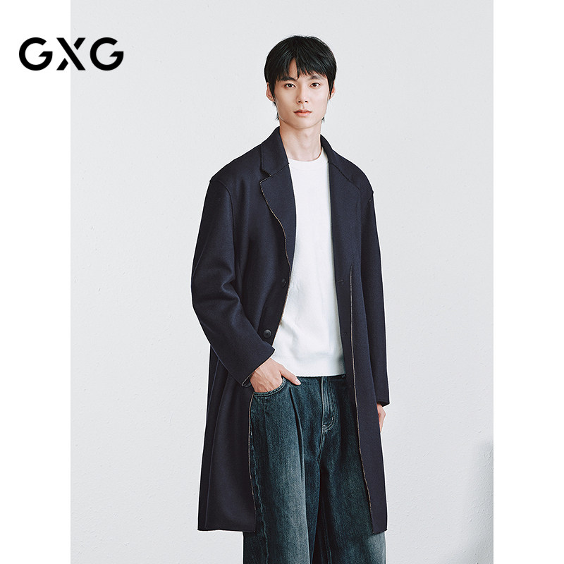 GXG男装 藏青色单排扣柴斯特商务羊毛长款大衣 25年冬季新品