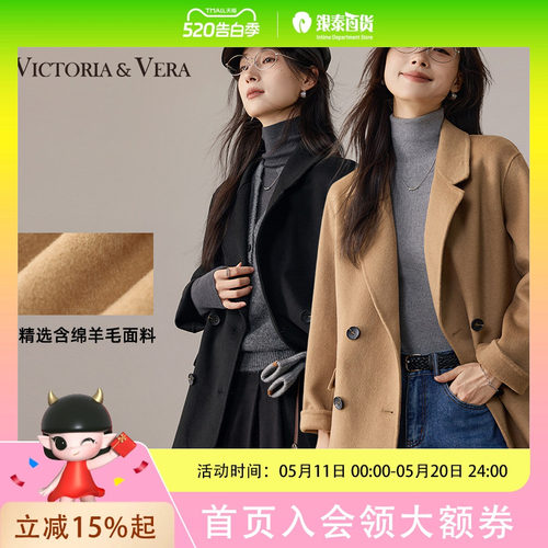VICTORIA&VERA 冬季【绒秩隐】双排扣毛呢西装外套 | 驼色廓形剪裁翻领设计 通勤轻奢风显