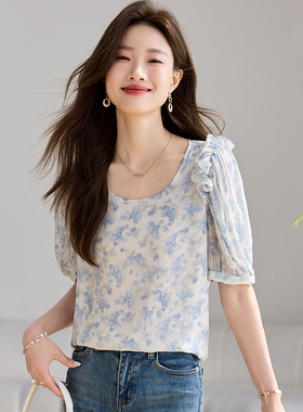 KCOR夏季女式碎花大圆领薄款透气雪纺衫衬衫上衣9K0J04702