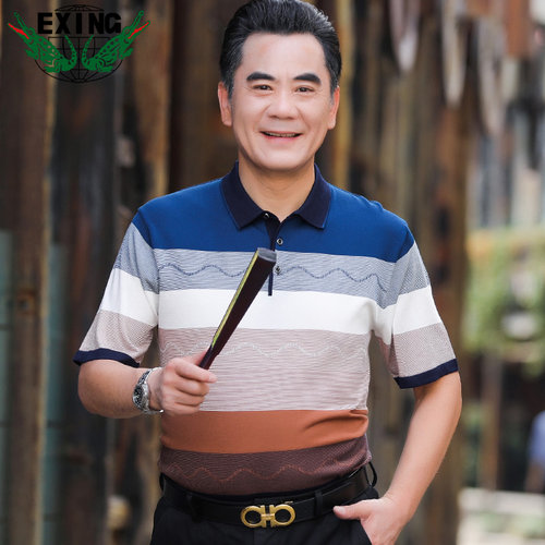 EXING中老年男士时尚休闲针织条纹POLO衫R70
