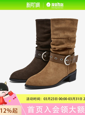 百思图2025冬扣带粗跟西部靴堆堆靴女高筒长靴F5312DS5
