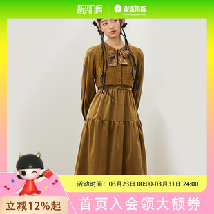 简约收腰毛织拼接长袖 复古时尚 连衣裙111E341177 2023冬装 pit