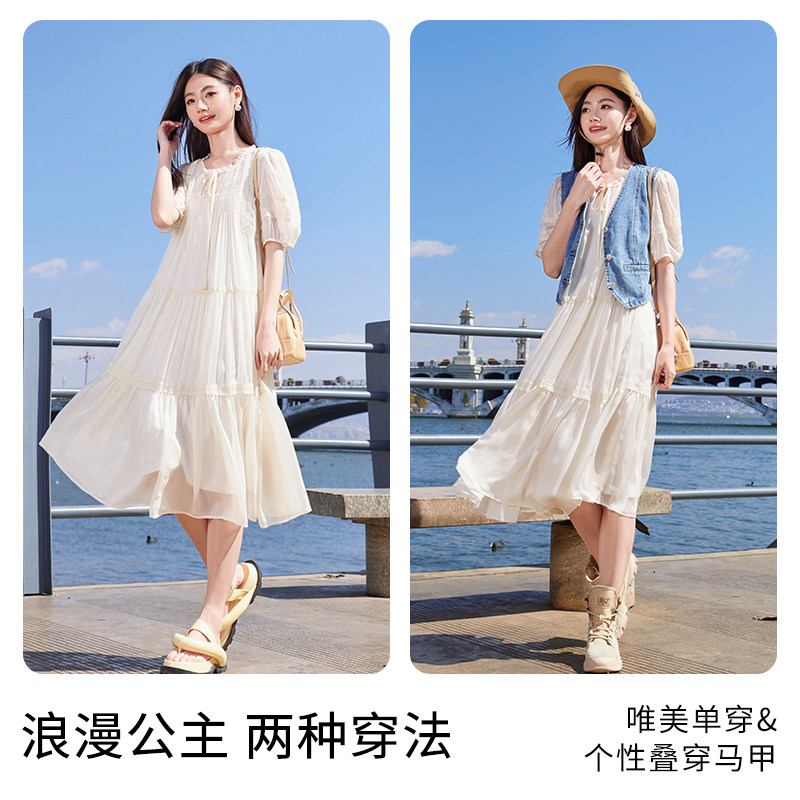 香影白色雪纺连衣裙女2025夏季新款淡人泡泡袖蕾丝系带圆领仙女裙