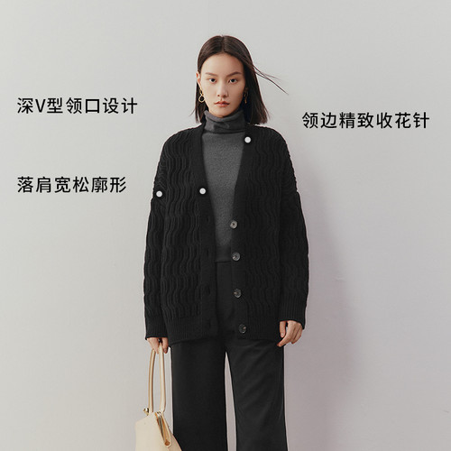 MM麦檬商场同款22秋冬宽松v领黑色羊毛针织衫毛衣开衫女5DA132021