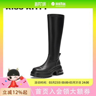 KISSKITTY2023年冬季气垫底长筒靴黑色粗跟时装靴真皮高跟靴SA43701-41