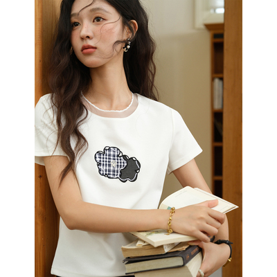 谜秀蕾丝边拼接短袖t恤女MXE38T0630