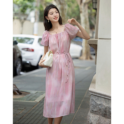 dme德玛纳【草莓冰淇淋】夏季袖子两穿轻薄顺纡绉印花露肩A字女式连衣裙G540221548741