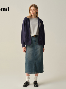 Eland衣恋半身裙女小高腰牛仔裙直筒裙透气长裙2025秋季
