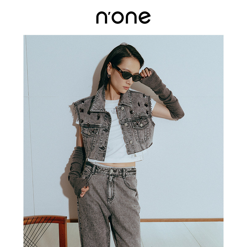 none 复古做旧马甲女牛仔马甲