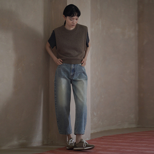 哈齿小姐 重回90年代石磨酵洗复古立体磨白显瘦香蕉裤高腰牛仔裤