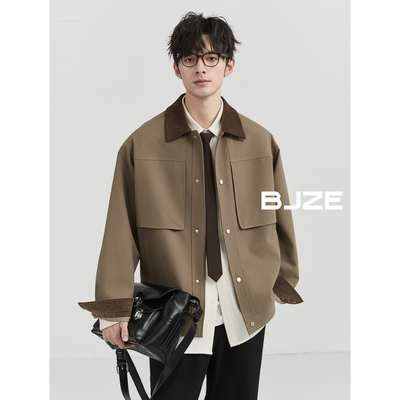BJZE男装24秋季新款高级定织设计感撞色夹克衫男韩版通勤翻领外套