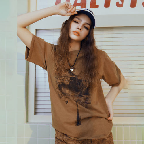 coolhut美式高街印花复古短袖2025夏季女式T恤宽松做旧纯棉