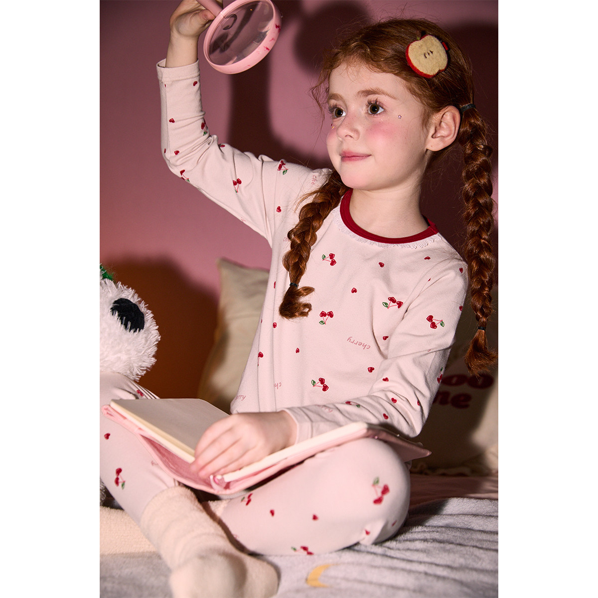 【会呼吸的棉】果壳本命年儿童秋冬睡衣女大童红色樱桃保暖秋衣裤套装725406121602