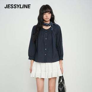 杰茜莱藏青色小个子衬衫女2025秋休闲显瘦上衣 jessyline
