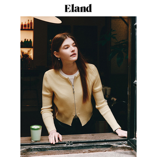 Eland衣恋圆领双头拉链针织长袖开衫薄款修身打底衫2024春秋款EECKE11Q93